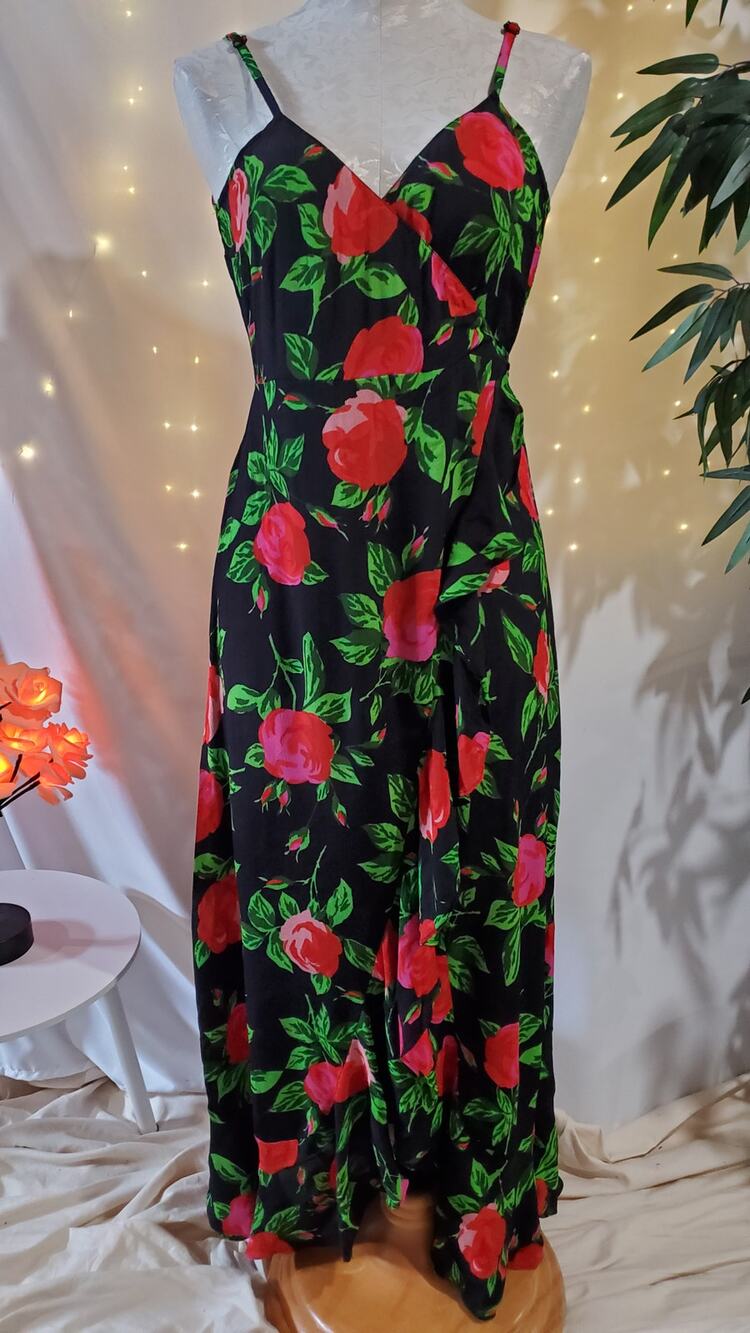 ASOS Ruffle Front Wrap Maxi Cami Dress in Bold Floral Women's Size 6 Black Pink
